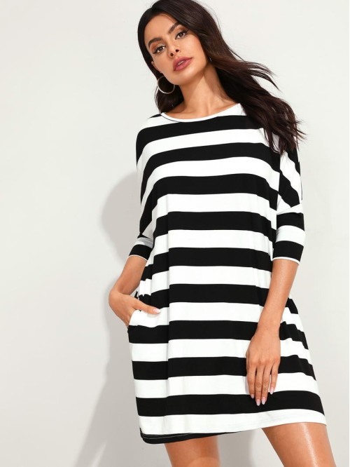 Batwing Sleeve Slant Pocket Striped Dress