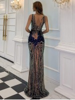 Zip Backless Mermaid Hem Sequin Maxi Prom Dress