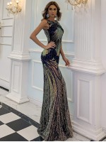 Zip Backless Mermaid Hem Sequin Maxi Prom Dress