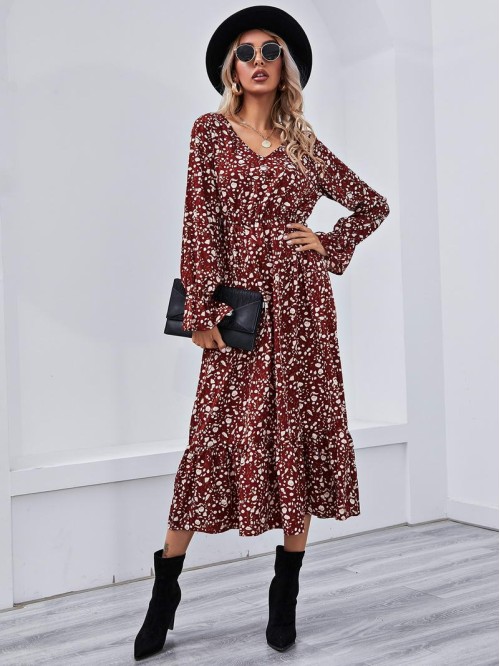 Bell Sleeve Ruffle Hem Allover Floral Print Dress