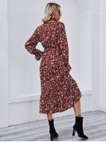 Bell Sleeve Ruffle Hem Allover Floral Print Dress