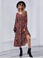 Bell Sleeve Ruffle Hem Allover Floral Print Dress