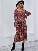 Bell Sleeve Ruffle Hem Allover Floral Print Dress