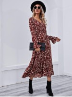 Bell Sleeve Ruffle Hem Allover Floral Print Dress