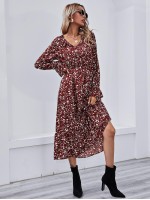 Bell Sleeve Ruffle Hem Allover Floral Print Dress