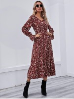 Bell Sleeve Ruffle Hem Allover Floral Print Dress