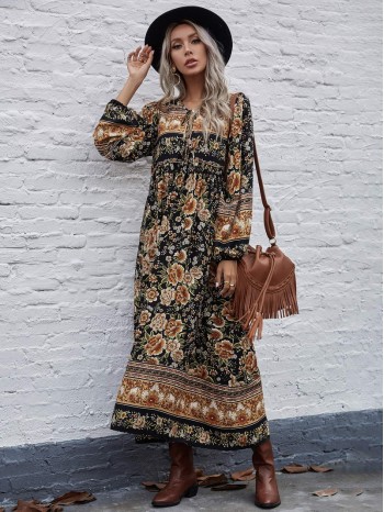 Allover Floral Tie Neck Smock Dress