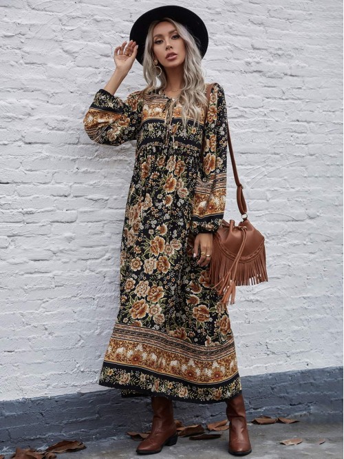 Allover Floral Tie Neck Smock Dress