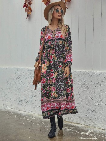 Allover Floral Tie Neck Smock Dress