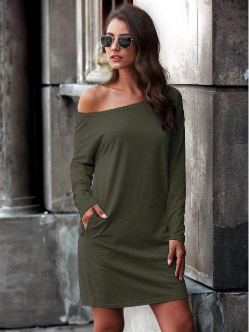 Asymmetric Neck Slant Pocket Tee Dress