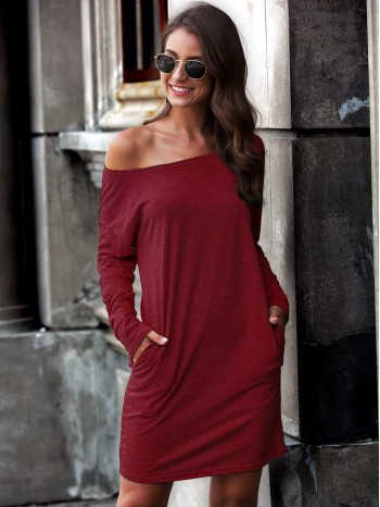 Asymmetric Neck Slant Pocket Tee Dress