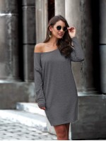 Asymmetrical Neck Hidden Pockets Tee Dress