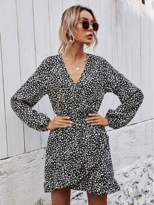 All Over Print Ruffle Hem Wrap Dress