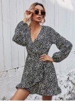 All Over Print Ruffle Hem Wrap Dress