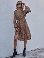 Allover Print Bishop Sleeve Ruffle Hem Dress