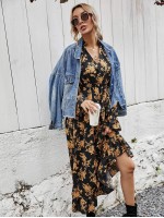 Allover Floral Tie Neck Ruffle Hem Dress