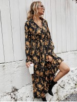 Allover Floral Tie Neck Ruffle Hem Dress