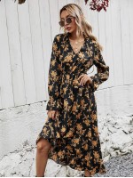 Allover Floral Tie Neck Ruffle Hem Dress