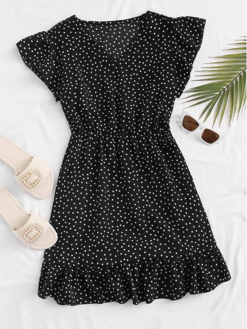 V-neck Ruffle Hem Polka Dot A-line Dress