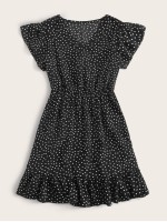 V-neck Ruffle Hem Polka Dot A-line Dress