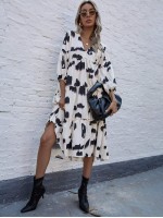 All Over Print V-neck Ruffle Hem Smock Dress