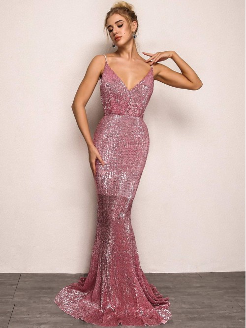 Backless Mermaid Hem Sequin Prom Dress