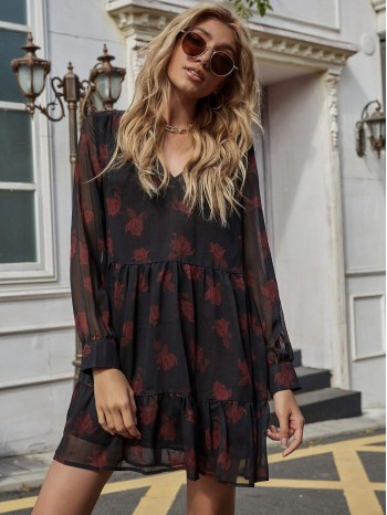 Allover Floral Print Smock Dress