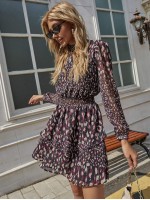 Allover Print Shirred Waist Tiered Hem A-line Dress