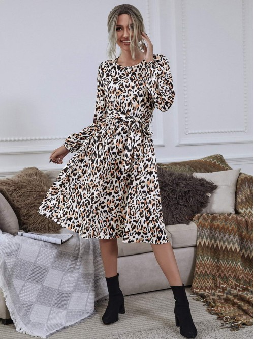 Allover Print Belted A-line Dress