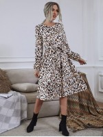 Allover Print Belted A-line Dress