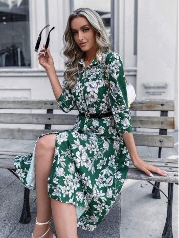 Allover Floral Print Shirt Dress Without Belt