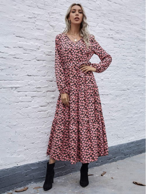 Allover Floral Print Belted A-line Dress