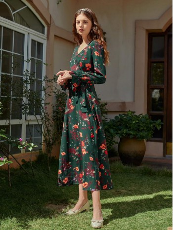 Allover Floral Belted Wrap A-line Dress