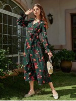 Allover Floral Belted Wrap A-line Dress