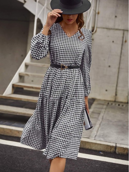 V-neck Gingham Bishop Sleeve Dress Without Belt