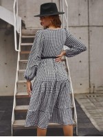 V-neck Gingham Bishop Sleeve Dress Without Belt