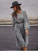 V-neck Gingham Bishop Sleeve Dress Without Belt