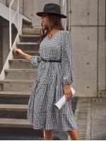 V-neck Gingham Bishop Sleeve Dress Without Belt