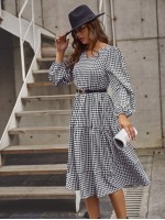 V-neck Gingham Bishop Sleeve Dress Without Belt