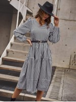 V-neck Gingham Bishop Sleeve Dress Without Belt