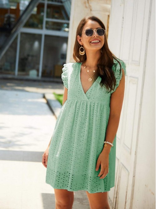 V-neck Ruffle Cuff Schiffy Smock Dress