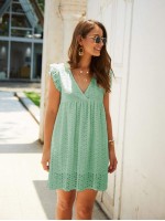 V-neck Ruffle Cuff Schiffy Smock Dress