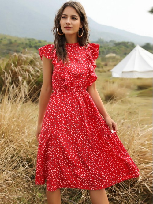 Allover Heart Print Ruffle A-line Dress