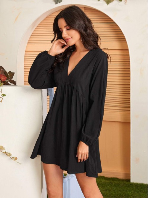 V-neck Lantern Sleeve Smock Dress