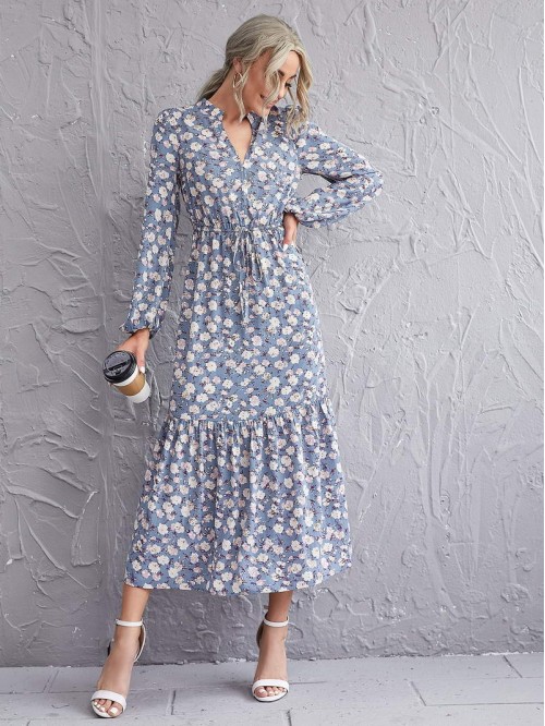 All Over Floral Print Notched Neck Ruffle Hem Dress