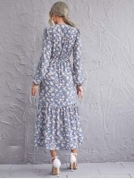 All Over Floral Print Notched Neck Ruffle Hem Dress