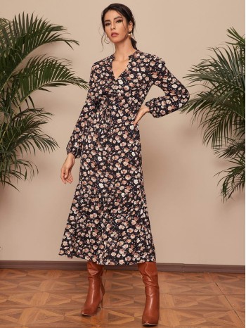 All Over Floral Print Notched Neck Ruffle Hem Knot Front Dress