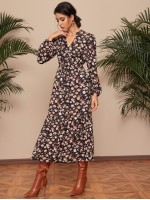 All Over Floral Print Notched Neck Ruffle Hem Knot Front Dress