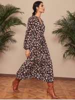 All Over Floral Print Notched Neck Ruffle Hem Knot Front Dress