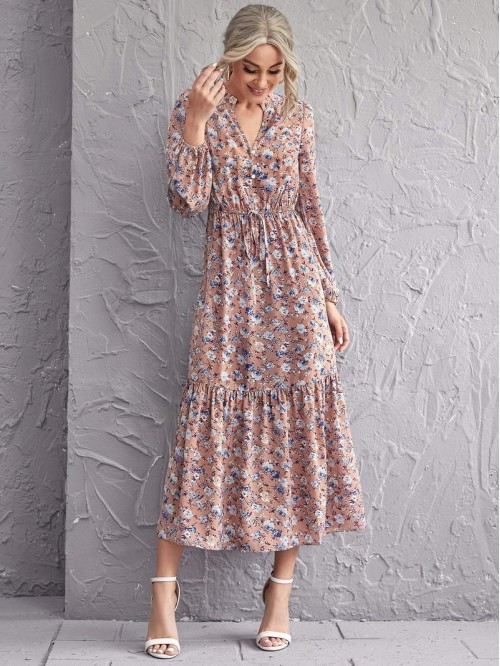 All Over Floral Print Notched Neck Ruffle Hem Knot Front Dress